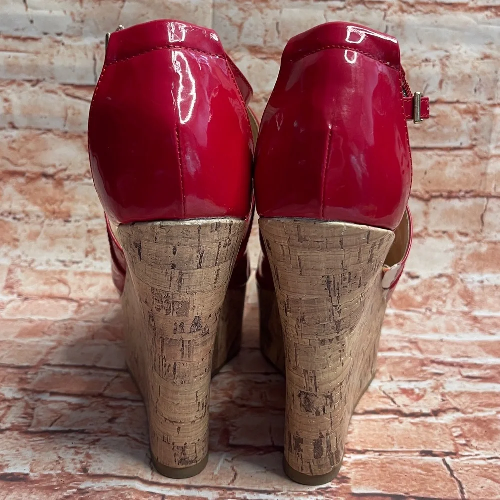 Forever 21 Red Peep Toe Ulta High Patent Leather Wedges with Cork Platform